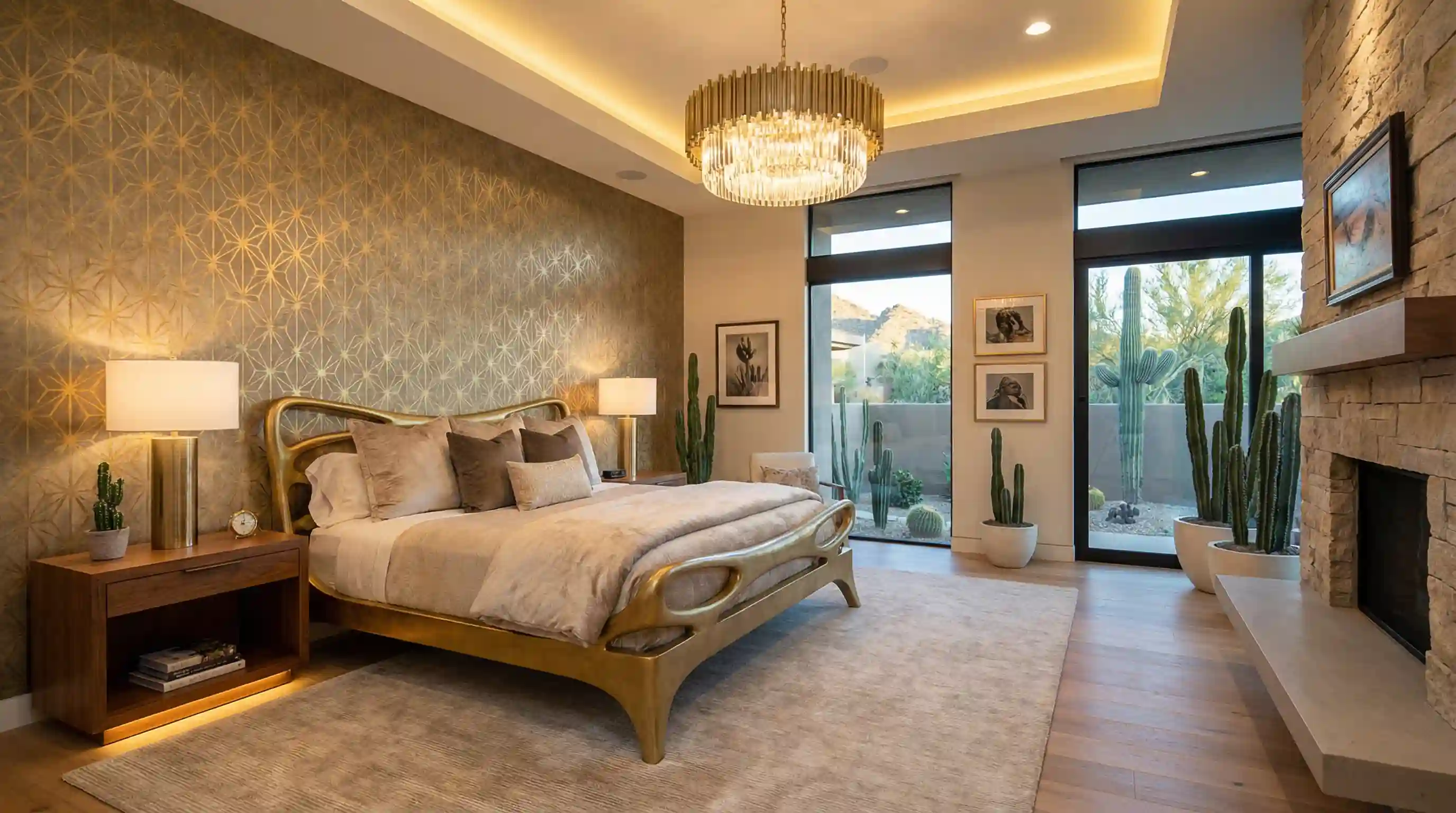 A quiet bedroom with a softly patterned wallpaper feature wall