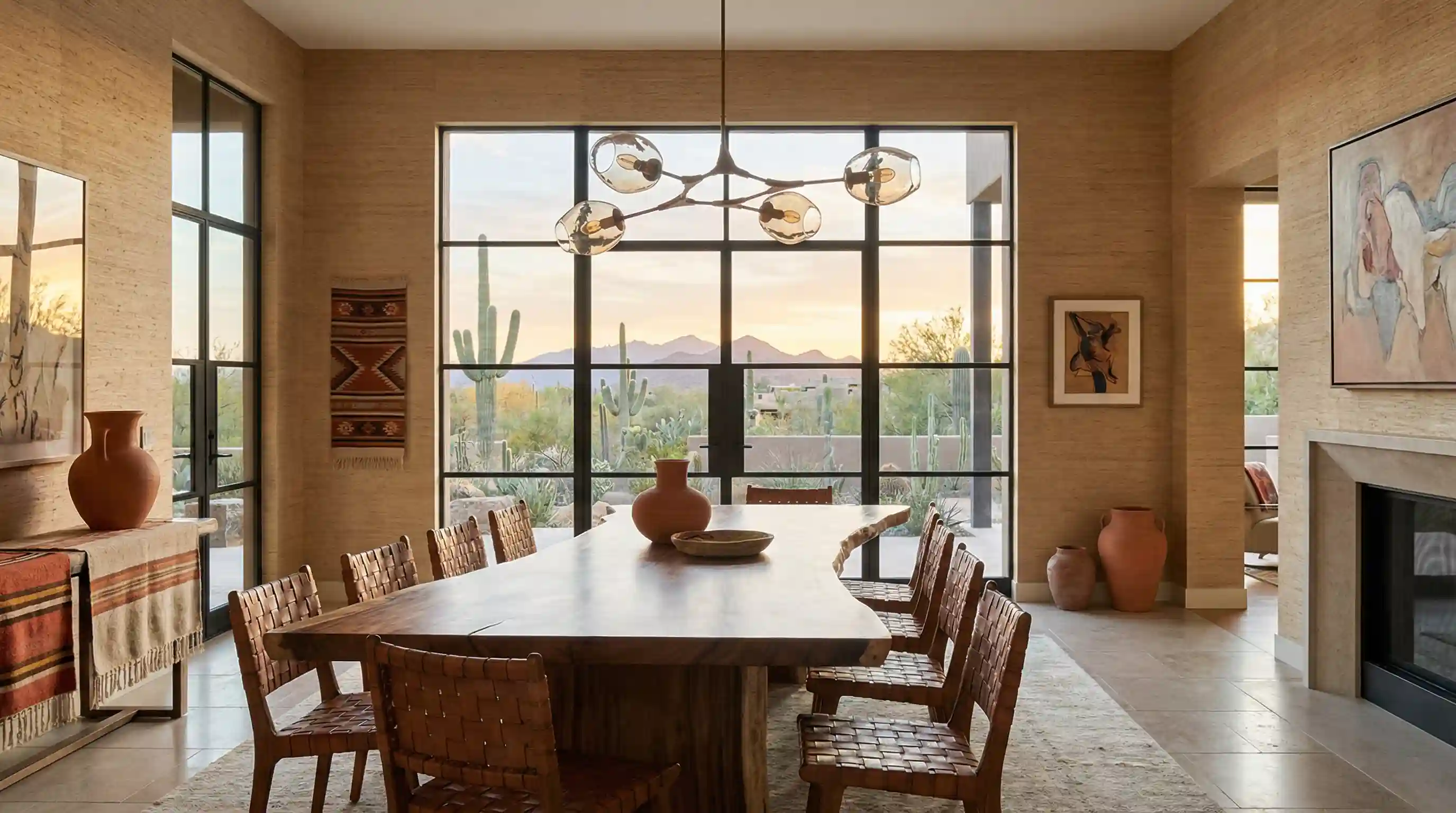 An airy dining room with a wood table, patterned chairs and large windows