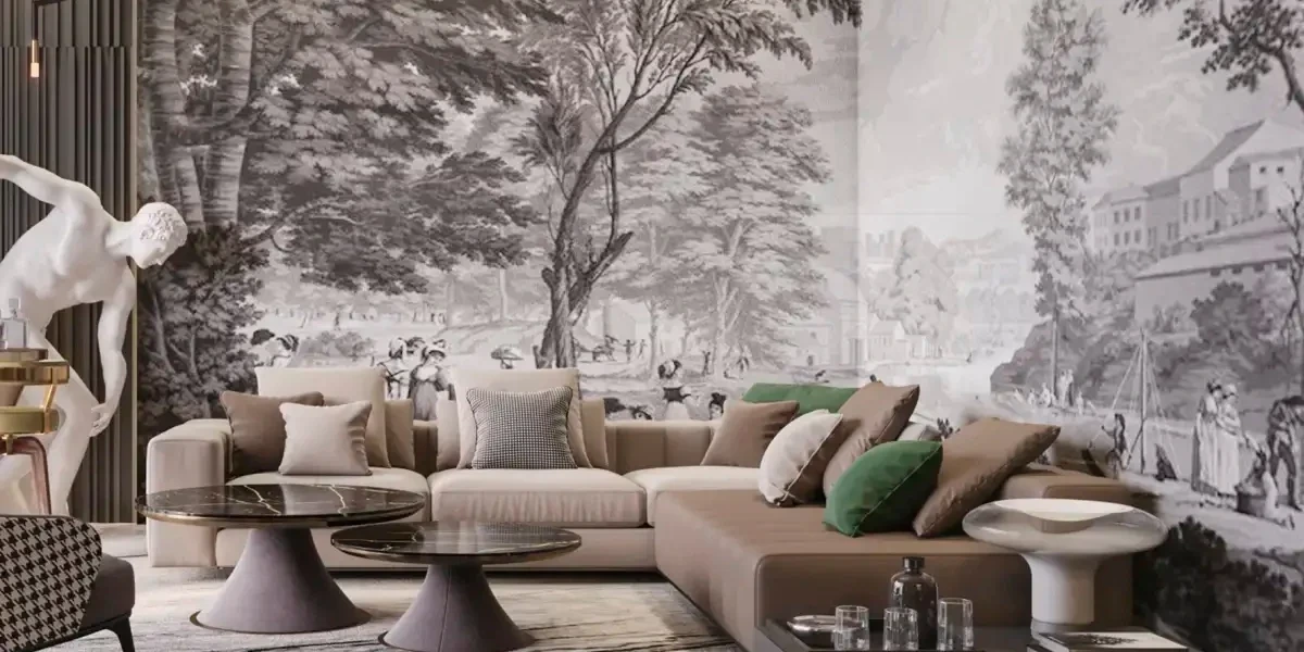 A furnished interior with a wallpapered accent wall and a warm, layered palette