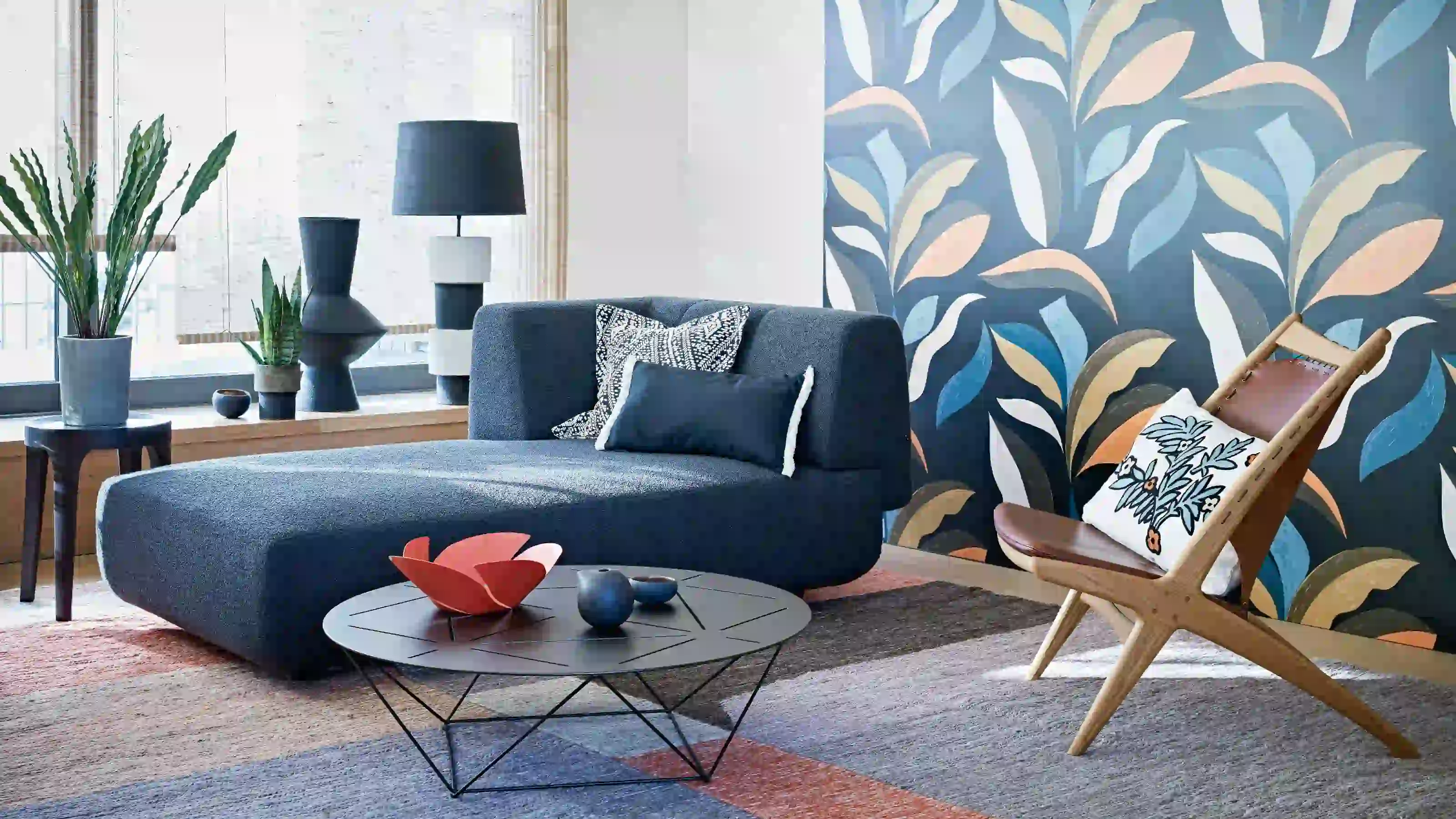 A carefully patterned wallpapered interior with a coordinated finish
