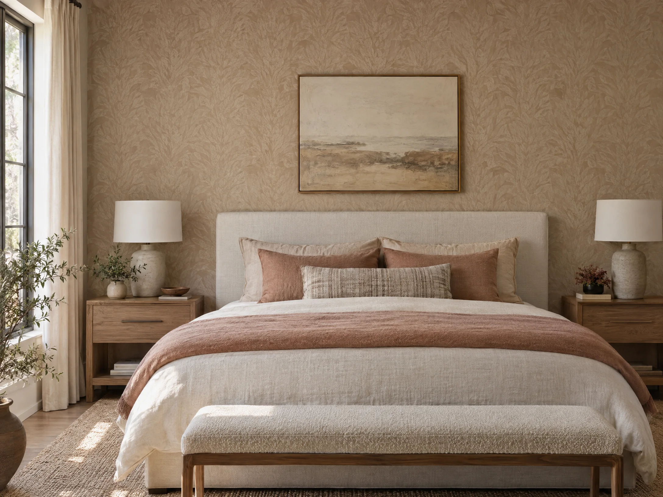 A restful bedroom with textured wallpaper and warm neutral furnishings