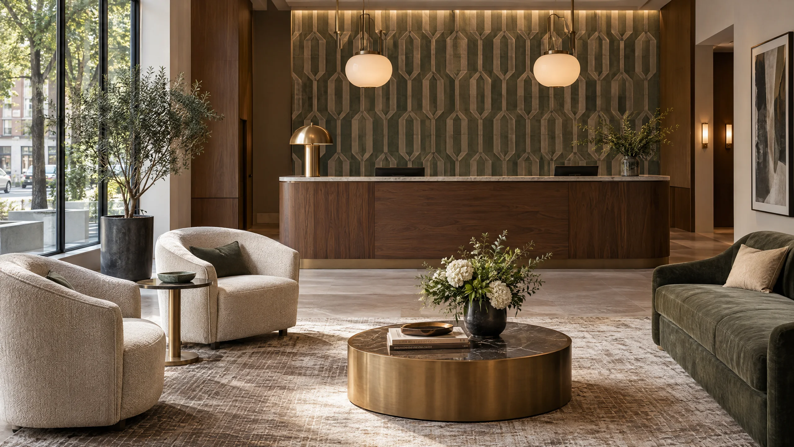 A quiet commercial lounge with a patterned feature wall, walnut reception desk and warm seating