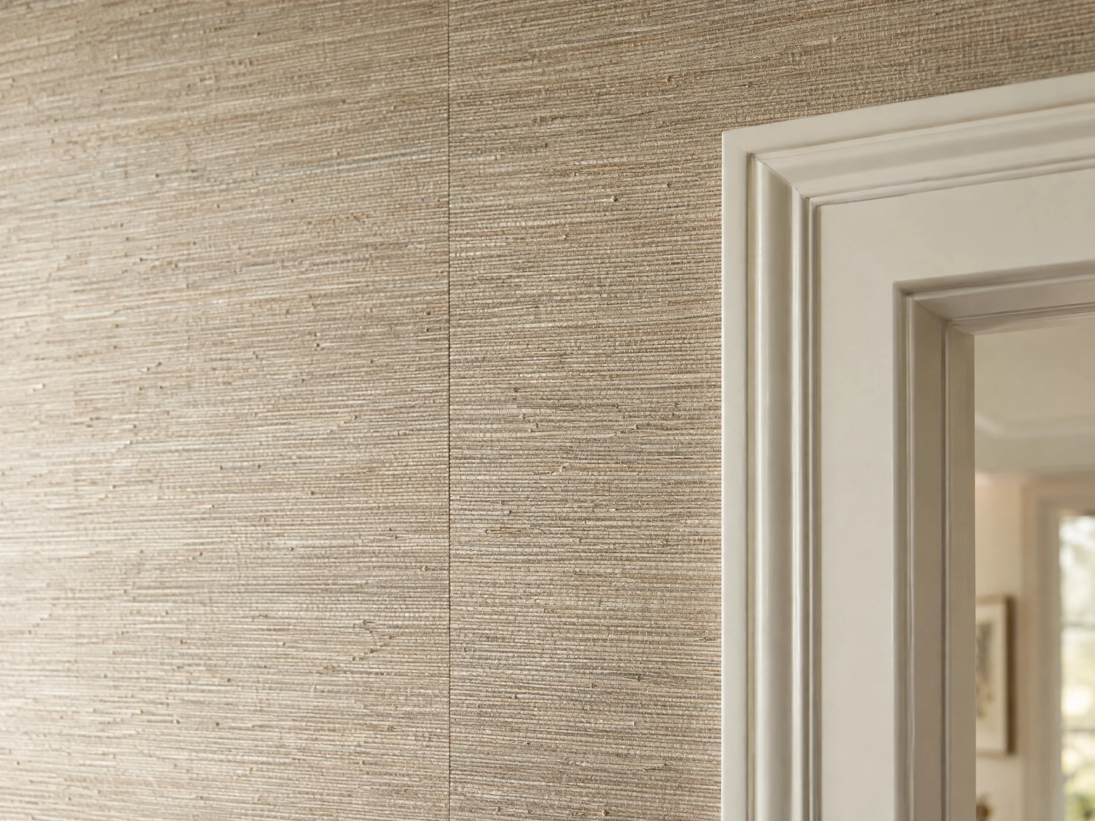 Close view of finely textured wallcovering meeting clean white trim